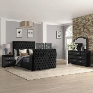 Tufted Upholstered King 4PC Bedroom Set in Black Wood