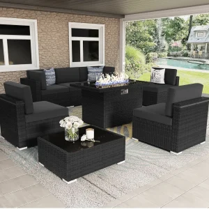 8-Piece Outdoor Wicker Sofa Set with Fire Pit