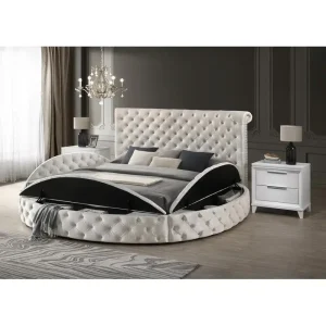 Queen Size Ivory Velvet Button-Tufted Storage Bed Set
