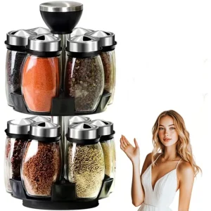 12 Glass Jar Bottles Set Revolving Spice Rack Organizer